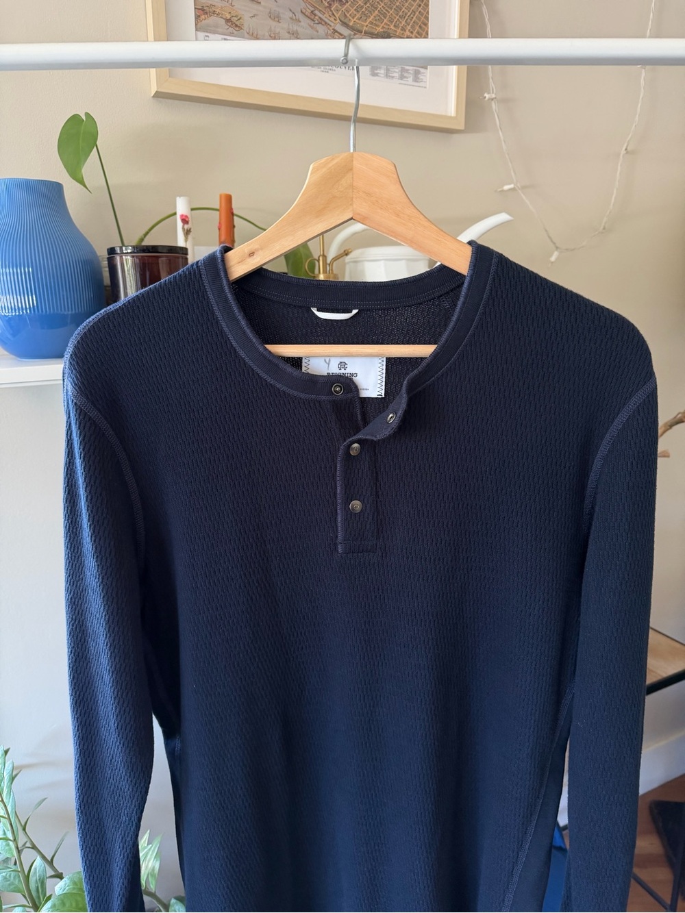 Reigning Champ Navy Waffle Henley Long Sleeve
